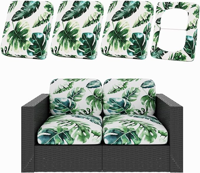 hyha 4Pcs Patio Cushion Covers, Stretch Outdoor Couch Cushion Covers, Washable Outdoor Chair/Sofa Slipcovers for Patio Furniture Cushions Protector with Elastic Bottom(Monstera Deliciosa,Cover Only)