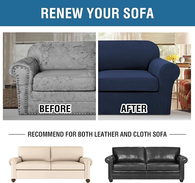 H.VERSAILTEX 3 Piece Stretch Sofa Covers for 2 Cushion Sofa Couch Covers for Living Room Sofa Slipcovers (Base Cover Plus 2 Seat Cushion Covers) Thicker Jacquard Fabric(Large Sofa, Navy)
