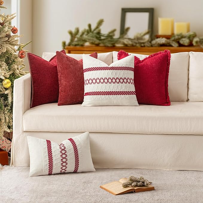 MIULEE Pack of 2 Christmas Pillow Covers 20x20 Inch Red Farmhouse Decorative Throw Pillow Covers with Stitched Edge Soft Chenille Solid Dyed Couch Pillow Covers for Sofa Bed Living Room