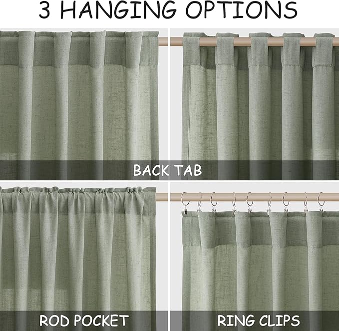 Desert Sage Linen Curtains for Living Room 94 Inches Long Light Filtering Semi Sheer Curtain Back Tab Rustic Farmhouse Decor Elegant Luxury Boho Drapes for Bedroom Dinner Room 52x94, 2 Panels