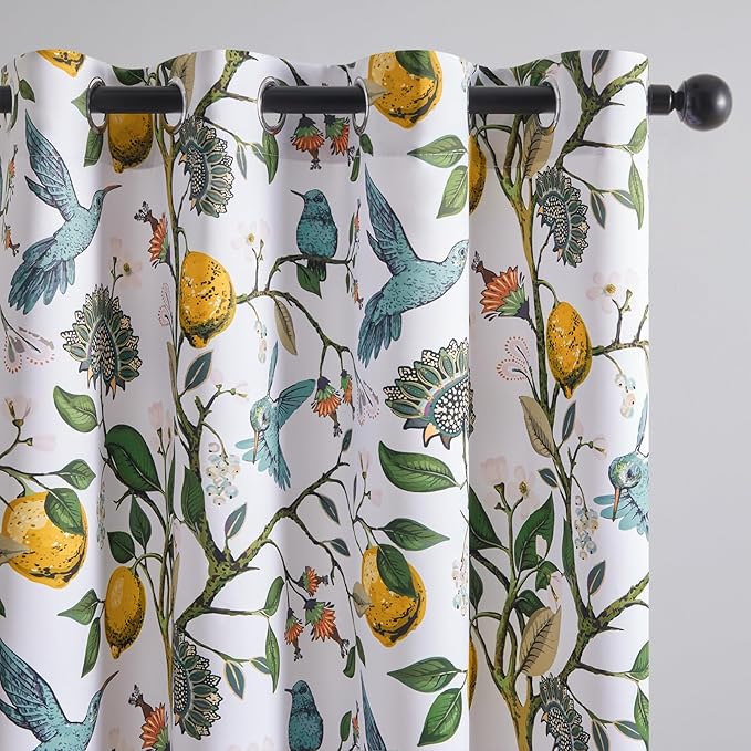 Topfinel White Blackout Window Toppers Curtains 18 Inch Length White Floral Leaf Hummingbird Lemon Printed Grommet Valances for Kitchen Bathroom, Thermal Insulated Grommet Half Window Curtain Set of 2