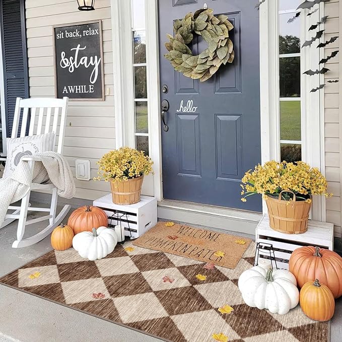 Brown Beige Checkered Entry Rug - 3x5 Non-Slip Washable Indoor Outdoor Front Door Mat Porch Rug Farmhouse Diamond Throw Carpet for Living Room Bedroom Entryway Kitchen Office Fall Porch Decor
