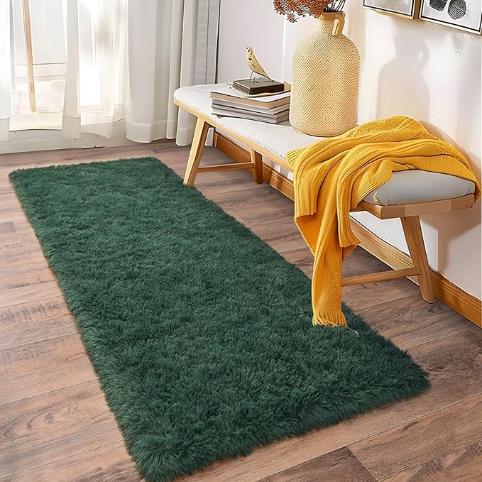 Soft Runner Rugs for Bedroom Hallways, 2x6 Green Fluffy Shag Throw Area Rug Non Slip for Bedside Dorm, Long Shaggy Furry Carpet for Nursery Living Room