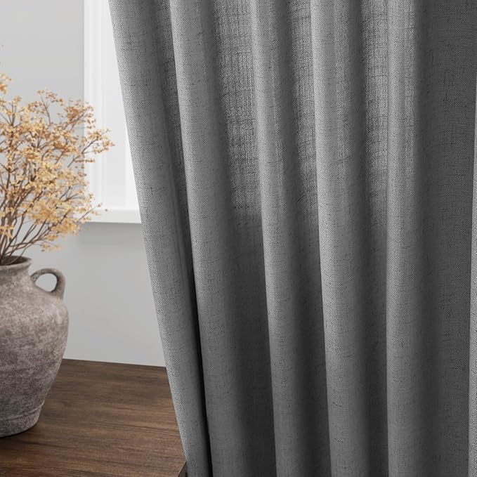 Dark Grey Linen Curtains 100 Inches Long for Bedroom Back Tab Light Filtering Privacy Sheer Curtains Modern Farmhouse Coastal Decor Cotton Textured Curtain for Living Room 2 Panel Set