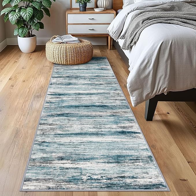 KOZYFLY Modern Abstract Runner Rug, 2x7 Kitchen Rugs Non-Slip Washable Soft Striped Runners for Hallways, Print Blue Carpet Runner for Entryway Bathroom Laundry Room Foyer