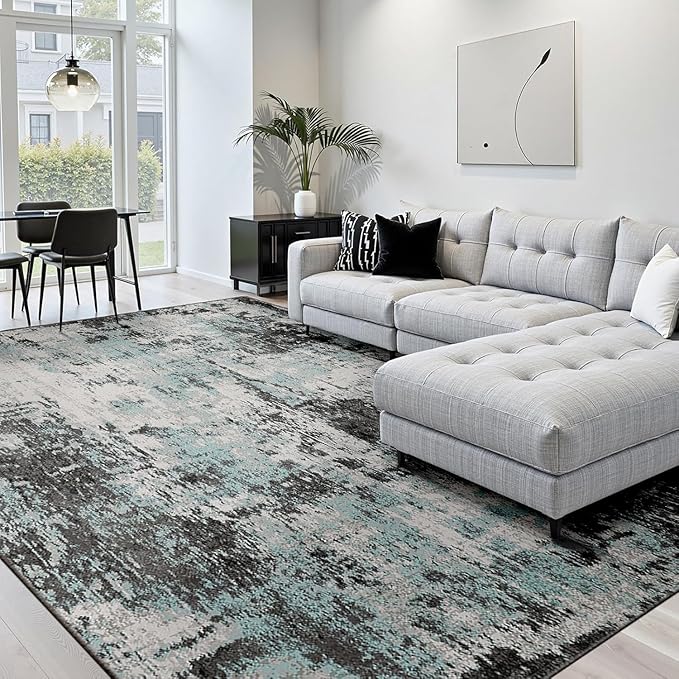 Washable Area Rugs 5'x8' Non-Slip Modern Abstract Soft for Living Room Entryway Bedroom Nursery, Print Pattern, Blue Black Teal