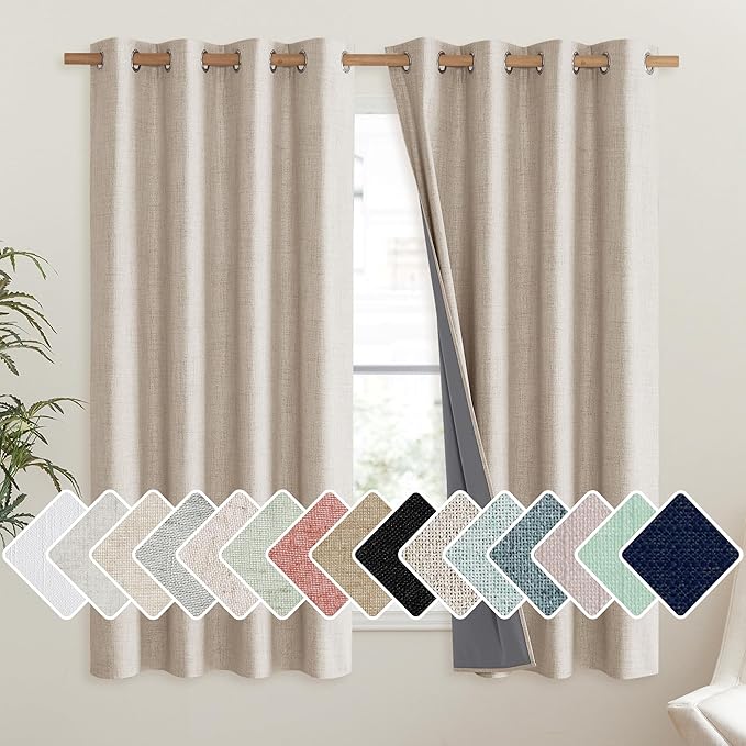 NICETOWN Cream Linen Complete Blackout Curtains 48 inches for Kids Room, 2 Panels, Thermal Insulated & Noise Reducing Window Draperies with Grey Liner, Noise Reducing Short Drapes