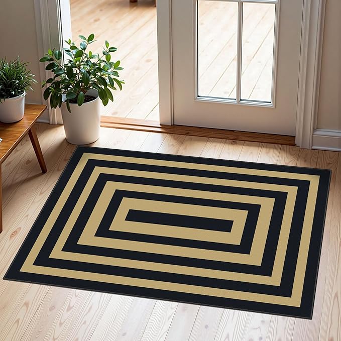 Front Door Mat Outside Entrance - 2x3 Modern Non-Slip Washable Doormat Indoor Outdoor Entrance Black Tan Geometric Bordered Rug Small Throw Rugs for Entryway Bedroom Kitchen Front Porch Decor