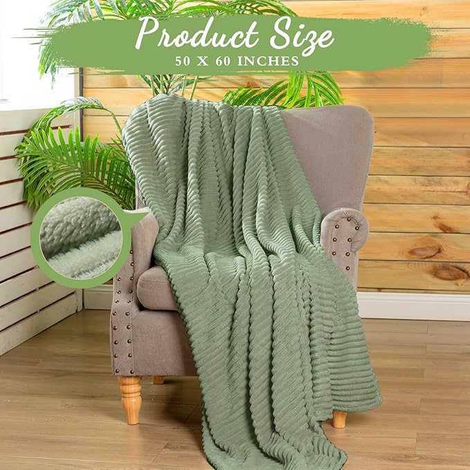 Buryeah 12 Pcs Flannel Throw Blanket Bulk 50 x 60 Inch Wedding Throw Blanket Soft Lightweight Winter Blankets with Striped Ribbed for Sofa Room Couch Donation Homeless Gifts (Sage Green)