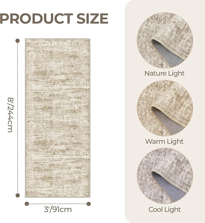 3x8 Runner Rug Non Slip Washable for Entryway, Vintage Hallway Runner for Front Porch, Laundry Room, Bedroom, Abstract Stain Resistant Thin Indoor Kitchen Mats for Floor(3'x8', Brown/Ivory)