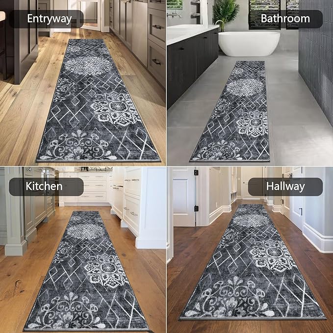 HEBE Hallway Runner Rug 2'x10' Washable Vintage Distressed Area Rugs Non Slip Laundry Rug Runner Boho Floor Carpet Runners for Hallways Entryway Laundry Room Kitchen Bathroom