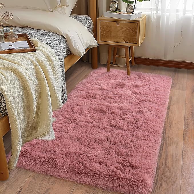 Soft Runner Rugs for Bedroom Hallways, 2x4 Blush Pink Fluffy Shag Throw Area Rug Non Slip for Bedside Dorm, Long Shaggy Furry Carpet for Nursery Living Room
