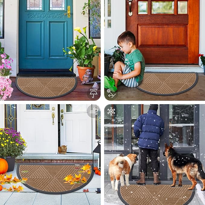 Smiry Half Circle Front Door Mat Outside Entrance, Heavy Duty Sturdy Natural Rubber Doormat, Trap Dirt and Moisture, Low Profile Mats for Indoor Outdoor Entry, Irregular Triangle (35x23, Coffee)
