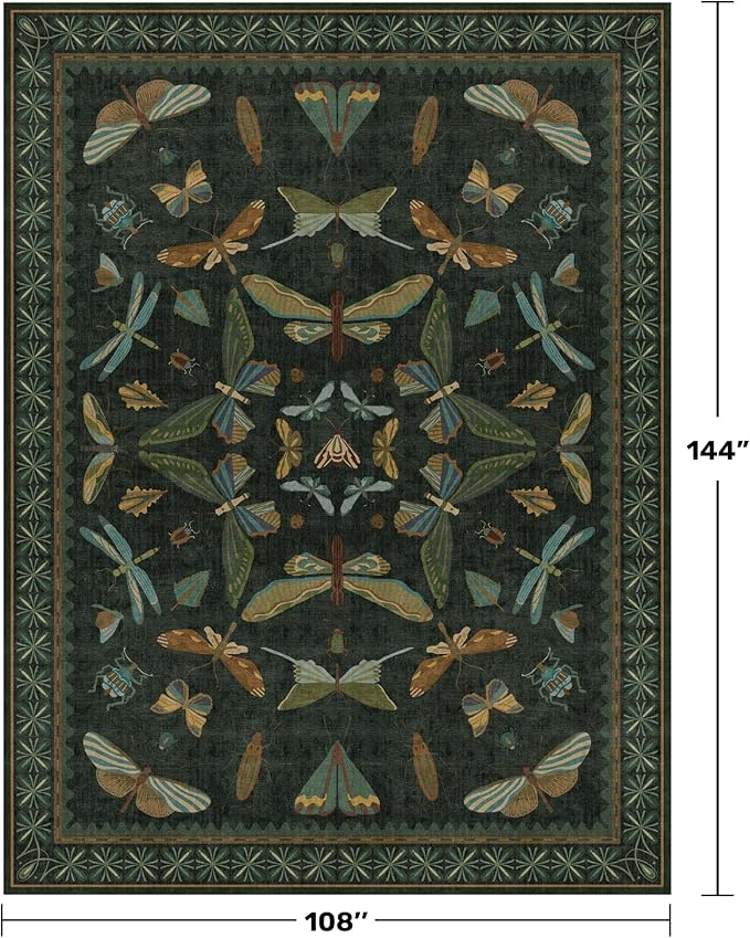 Hazo Haus Forest Green Rugs for Living Room - 9x12 Big Rugs for Bedroom, Dining Room, Guest Room, Insect Moth Décor, Non Slip Low Pile