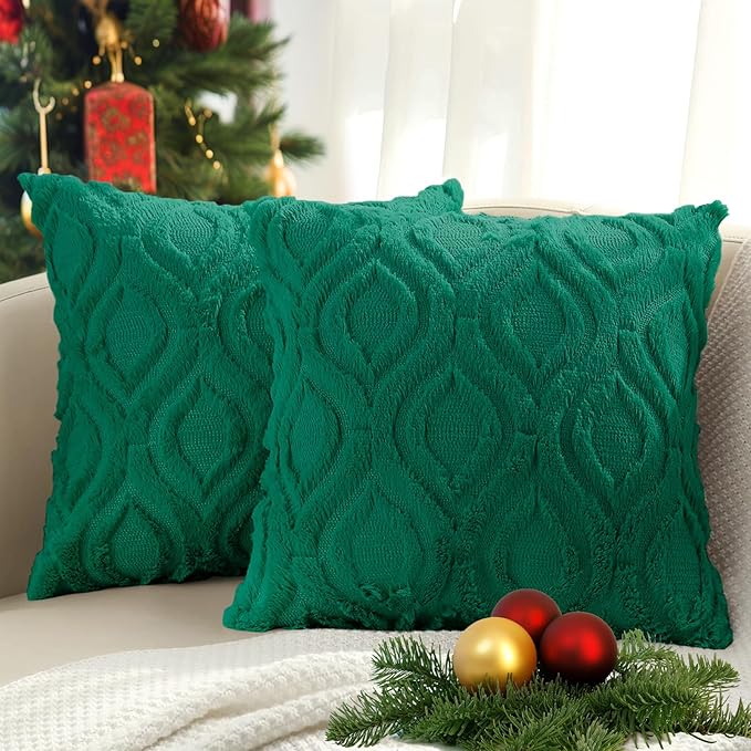 decorUhome Throw Pillow Covers 24x24 Inch Set of 2, Soft Plush Faux Wool Green Solid Couch Pillow Covers, Accent Euro Sham Farmhouse Neutral Square Pillow Cases for Sofa Bed Living Room