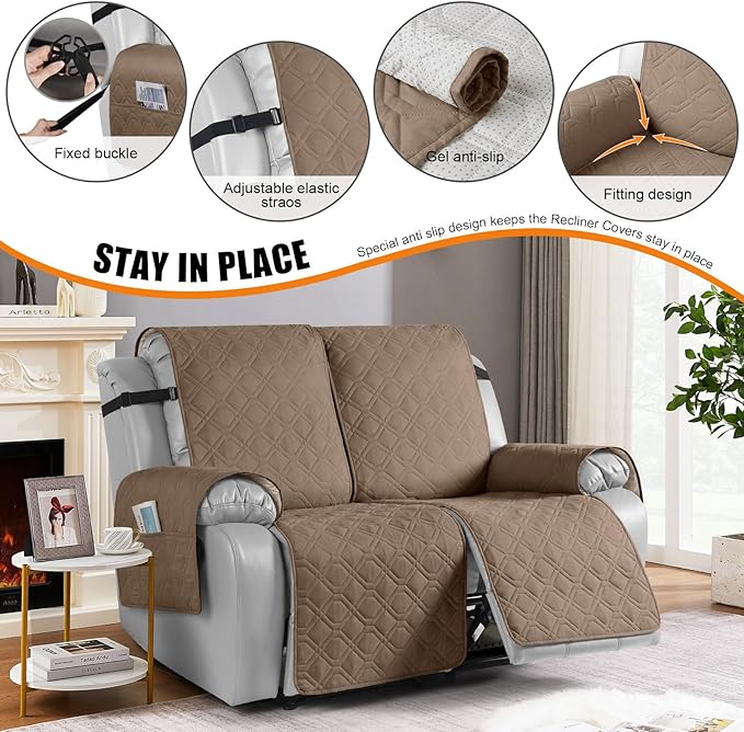VANSOFY Waterproof Recliner Couch Covers, Sofa Covers 1-Piece Washable Reclining Sofa Cover Non-Slip Furniture Protector with Elastic Straps Pocket for Dogs, Pets(Light Brown,2 Seater)