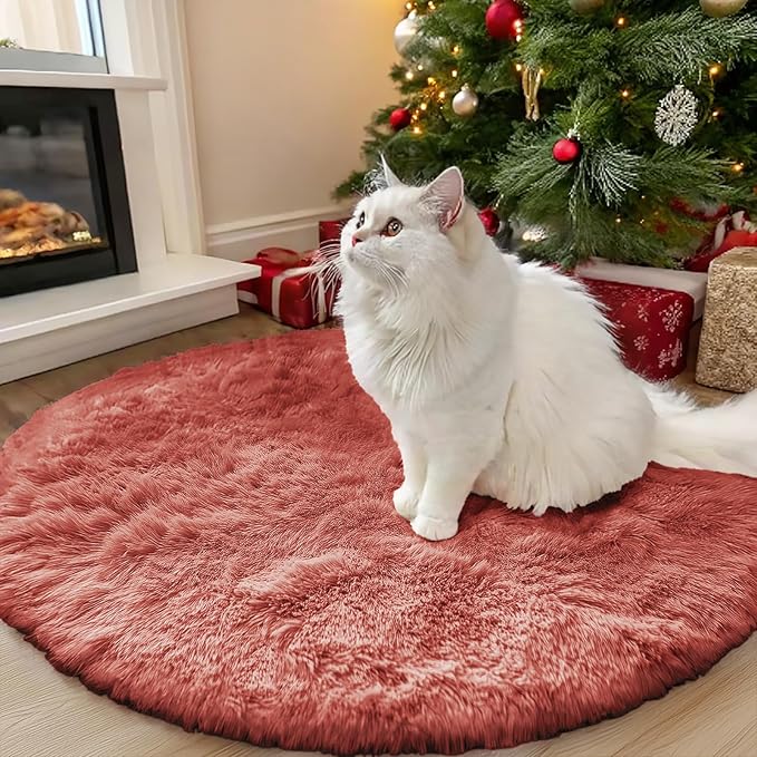 OLANLY Rust Red Round Rugs for Bedroom - Machine Washable, 3 ft Circle Area Rugs for Living Room, Soft and Fluffy Shaggy Carpet for Teen Girl and Boys, Nursery Rooms, Dorms, Home Decor Aesthetic