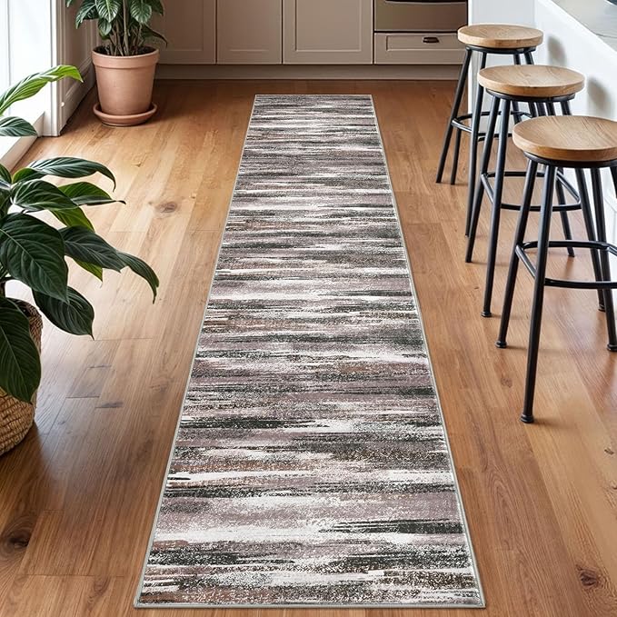 Lansny Modern Abstract Runner Rug 2x10, Dark Light Brown White Washable Long Kitchen Runner Non-Slip Soft Hallway Rug Runner Thin Print Faux Wool Carpet for Entryway Bedroom Laundry Room Indoor