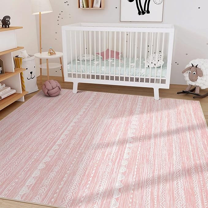 Nakagishi Pink Rugs for Bedroom Girls: 4x6 Washable Boho Large Neutral Area Rug Cute Soft Modern Indoor Floor Non Slip Accent Carpet for Living Room Nursery Kids Playroom Dorm Preppy Baby Room Decor