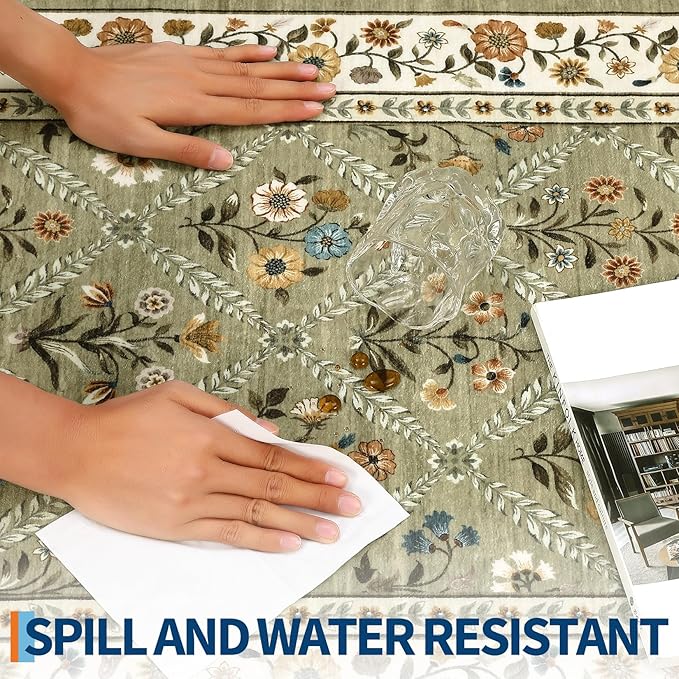 6x9 Machine Washable Area Rugs for Living Room Floral Stain Resistant Soft Carpet Vintage Low Pile Non Slip Non-Shedding Floor Carpet Rugs for Bedroom Nursery Green