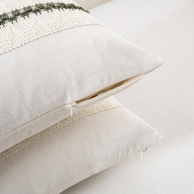 Fancy Homi Set of 1 Boho Olive Green Long Lumbar Decorative Throw Pillow Cover 16x24 Inch for Couch Bed Sofa Chair, Modern Organic Farmhouse Home Decor, Soft Cotton Cute Accent Rectangle Cushion Case