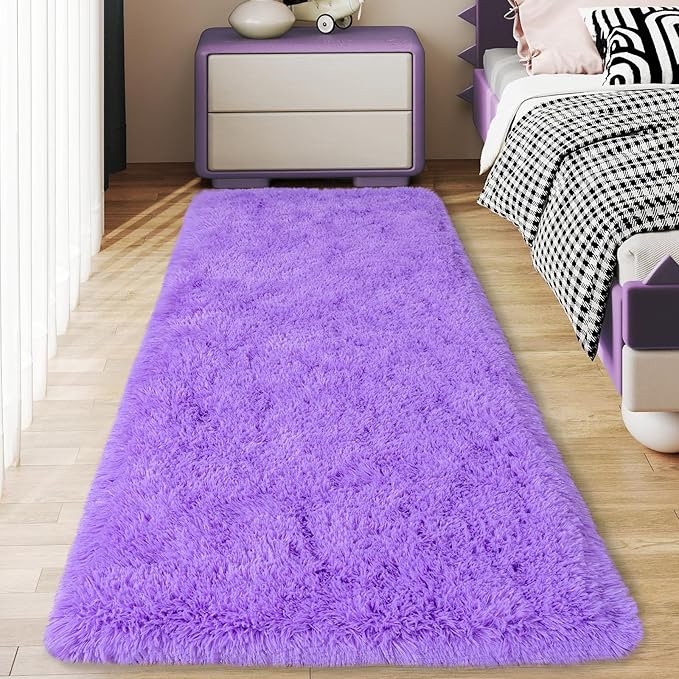 Ultra Soft Runner Rugs for Bedroom Hallways with Upgraded Non-Slip Rubber Backing & Thick Memory Sponge, 2 Packs 2x6 Feet Fluffy Shag Throw Area Rug for Bedside Dorm Light Purple
