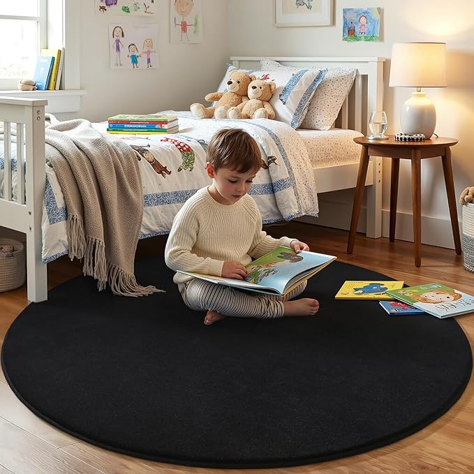 Amearea Black Round Area Rugs 5ft Washable Circle Rugs for Bedroom Living Room, Fluffy Indoor Thickened Memory Foam Rug, Non Slip Minimalist Circular Carpet for Kids Boys Girls Dorm Nursery Room Decor
