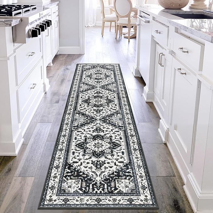 Yamaziot Washable Runner Rug, 2x8 Non-Slip Boho Vintage Hallway Rug Runner with Rubber Backing, Stain Resistant & Low Pile Faux Wool Distressed Carpet Runner for Bedroom, Kitchen, Laundry, Entrance
