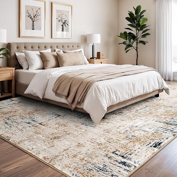 Rugflix 8x10 Washable Area Rugs, Neutral Boho Carpet Living Room Rug Non Slip Stain Resistant, Large Area Rug for Indoor Bedroom Dining Room Office, Brown