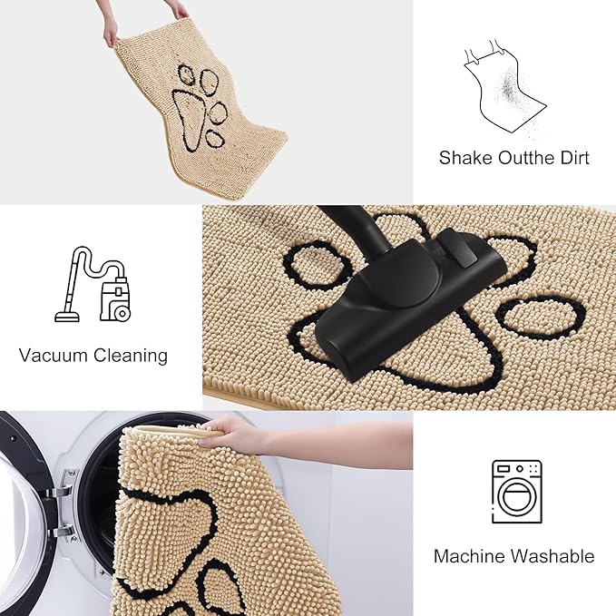 Smiry Dog Door Mat for Muddy Paws, Absorbent Dirt Trapper Non Slip Quick Dry Washable Chenille Mat for Mud Dogs, Entry Rug for Indoor and Outdoor (30x20 Inches, Beige and Black)