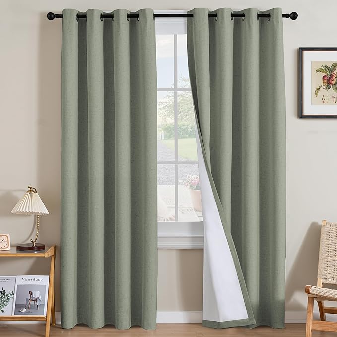 H.VERSAILTEX Linen Curtains 100% Blackout Curtains for Bedroom 102 inch Long Full Light Blocking Nature Linen Blended Window Curtains for Living Room Nickel Grommet (2 Panels, Heathered Dried Sage)