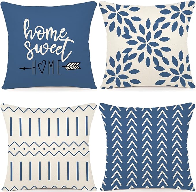 YCOLL Pillow Covers 16x16 Set of 4, Modern Sofa Throw Pillow Cover, Decorative Outdoor Linen Fabric Pillow Case for Couch Bed Car，Light Blue