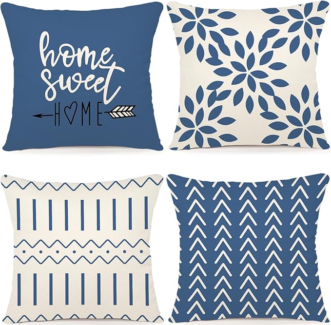 YCOLL Pillow Covers 22x22 Set of 4, Modern Sofa Throw Pillow Cover, Decorative Outdoor Linen Fabric Pillow Case for Couch Bed Car，Light Blue
