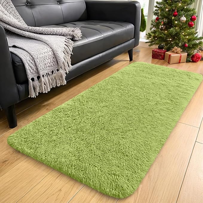 OLANLY 2x5 Machine Washable Runner Rugs for Hallway, Soft Fluffy Shaggy Bedside Rugs for Bedroom, Living Room, Indoor Floor Carpet for Kids Girls Boy, Nursery Rooms, Home Decor Aesthetic, Grass Green