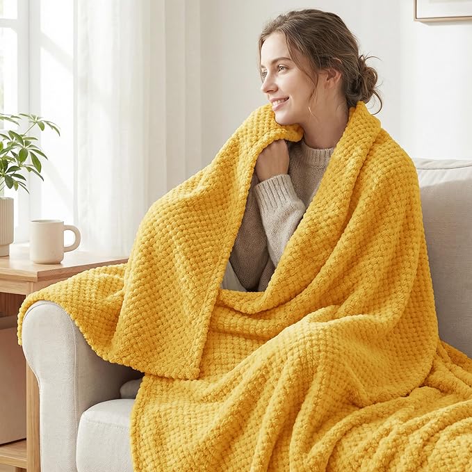Exclusivo Mezcla Fleece Throw Blanket Extra Large, Super Soft and Warm Blankets for Couch, Sofa and Bed Waffle Textured, Cozy, Fuzzy and Lightweight (Mustard Yellow, 50x70 Inches)