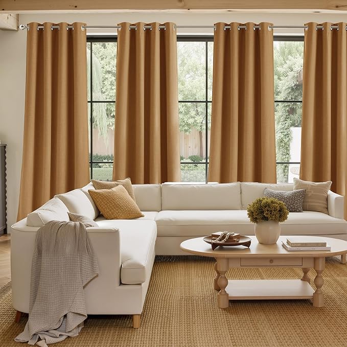 NICETOWN Faux Linen Gold Brown Blackout Curtains 84 inches Long for Living Room - Privacy Panels for Bedroom, Modern Farmhouse Style Easy Care Grommet Top, 2 Panels, W52 by L84