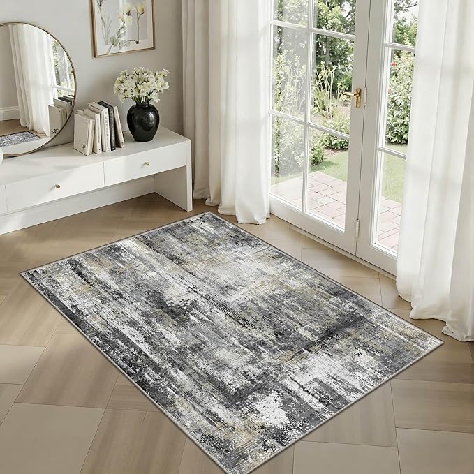 Latte&Fog 2x3 Entryway Rug, Small Modern Abstract Door Mat, Washable Kitchen Rug, Boho Non Slip Low Pile Carpet for Indoor Kitchen, Entry, Front Door and Bathroom - Black/Gold