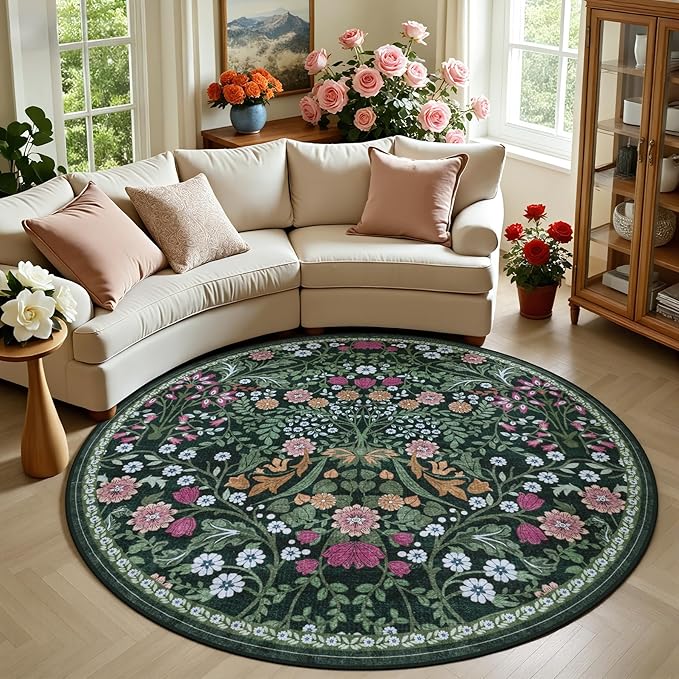 Round Area Rug for Living Room: 6 ft Floral Washable Circle Rug Soft Boho Non-Slip Carpet Indoor Stain Resistant Low Pile Small Circular Rug for Bedroom Entryway Kitchen Nursery Home Office Dark Green