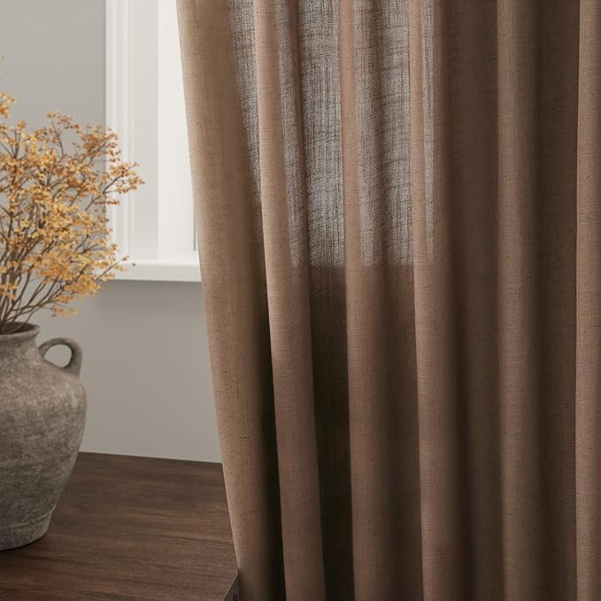 Nanspring Extra Long Caramel Brown Linen Curtains 2 Panels 102 Inches Long for Dinning Room Back Tab Light Filtering Semi Sheer Drapes Cotton Linen Textured Window Curtain 102 Inch Length for Bedroom