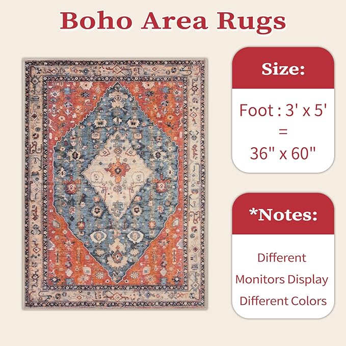 SERISSA Area Rug 3x5 Boho Tribal Rugs for Bedroom, Washable Kitchen Rugs Non-Slip, Ultra Soft Print Distressed Vintage Entry Rug Low-Pile Throw Rug Carpet for Nursery Living Room Dorm Decor