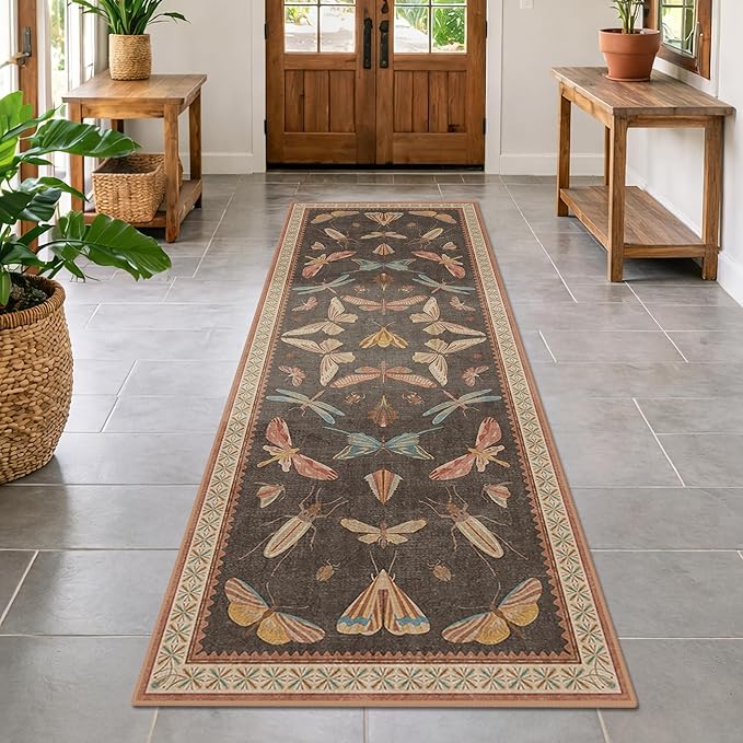 Hazo Haus 2'6"x8' 8ft Long Hallway Runner Rug, Stain Resistant Non-Slip Kitchen Floor Mats, Boho Front Door Rug Indoor Entrance, Whimsical Insect Moth Décor, Low Pile & Soft (Orange and Brown)