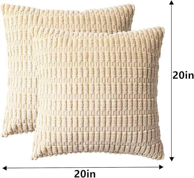 Pack of 2 Corduroy Decorative Throw Pillow Covers 20x20 InchSoft Boho Striped Pillow Covers Modern Farmhouse Home Decor for Sofa Living Room Couch Bed（Beige）
