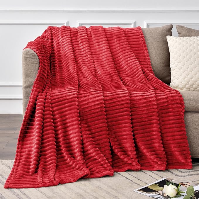 BEDELITE Fleece Blanket Twin Size – 3D Ribbed Jacquard Soft and Warm Decorative Fuzzy Blankets – Cozy, Fluffy, Plush Lightweight Throw Blankets for Couch, Bed, Sofa(Red, 60x80 inches)