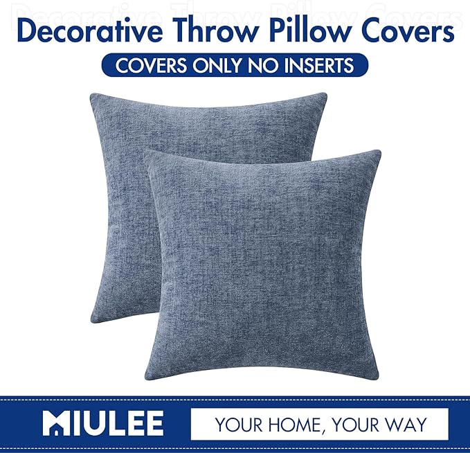MIULEE Pack of 2 Couch Throw Pillow Covers 20x20 Inch Soft Dark Grey Blue Chenille Pillow Covers for Sofa Living Room Solid Dyed Pillow Cases