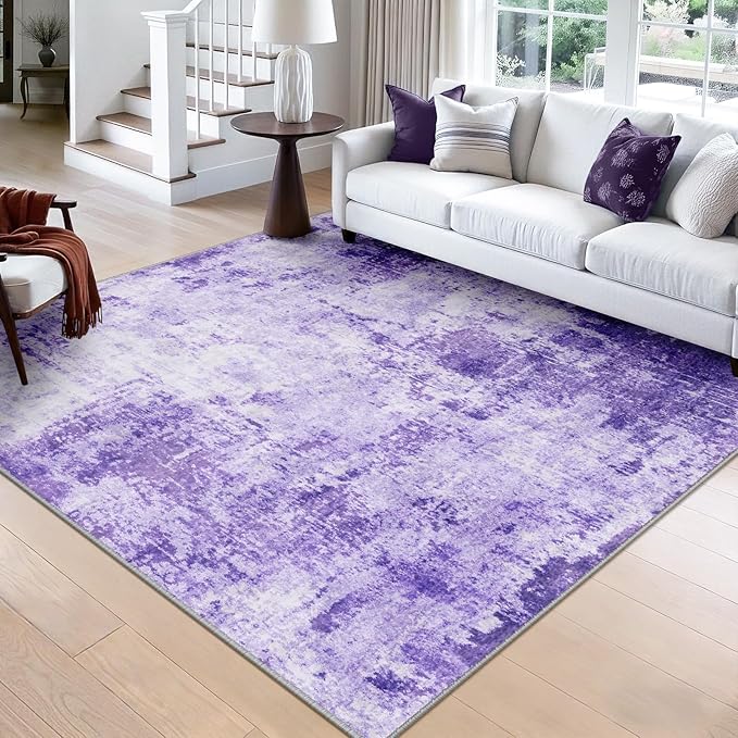 Washable Area Rugs Square 8ft Non-Slip Modern Abstract Soft for Living Room Entryway Bedroom Nursery, Print Pattern, Purple Gray Pink White