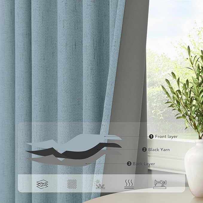 Light Blue Blackout Curtains 96 Inches Long for Living Room Country Rustic Faux Linen Black Out Thermal Insulated Darkening Curtain for Bedroom Patio Door 96 in Length 2 Panel Set Dusty Blue Grey Gray