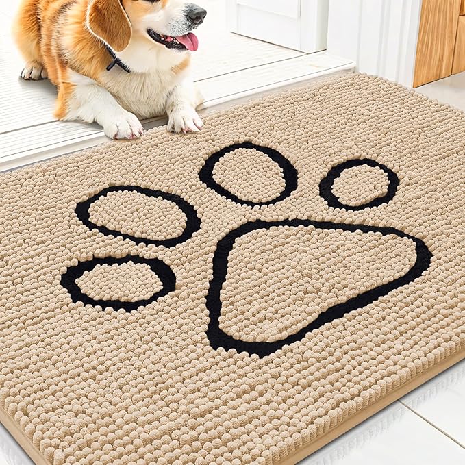 Smiry Dog Door Mat for Muddy Paws, Absorbent Dirt Trapper Non Slip Quick Dry Washable Chenille Mat for Mud Dogs, Entry Rug for Indoor and Outdoor (30x20 Inches, Beige and Black)