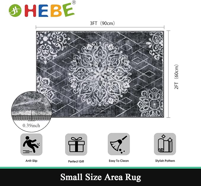 HEBE Washable Area Rug - 2'x3' Non Slip Soft Distressed Medallion Bedroom Boho Living Room Accent Throw Vintage Entry Floor Carpet for Dining Room Bathroom Entryway