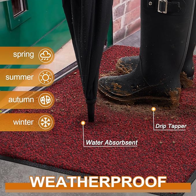 Mibao Front Door Mat, Dirt Trapper Welcome Mat for Outdoor Indoor, Non-Slip Waterproof Doormat, Durable Machine Washable Low Profile Entry Rug for Back Door Outside Patio Porch, 72" x 48", Red