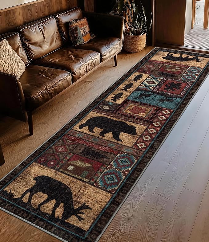 Rustic Cabin Runner Rug 2x8 Indoor Door Mat - Bear Non-Slip Entryway Runner Rug, Low Pile Tribal Print for Kitchen, Bedroom